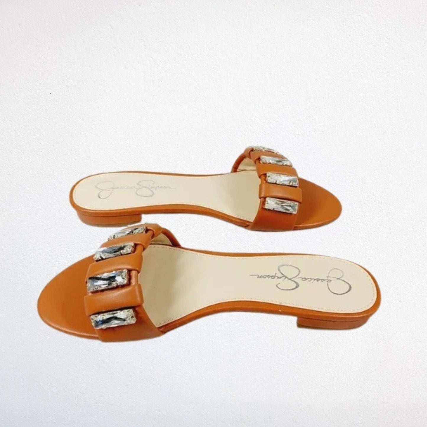 Jessica Simpson Amille Ginger Cookie Brown Italia Nappa Crystal Sandals - Size 8