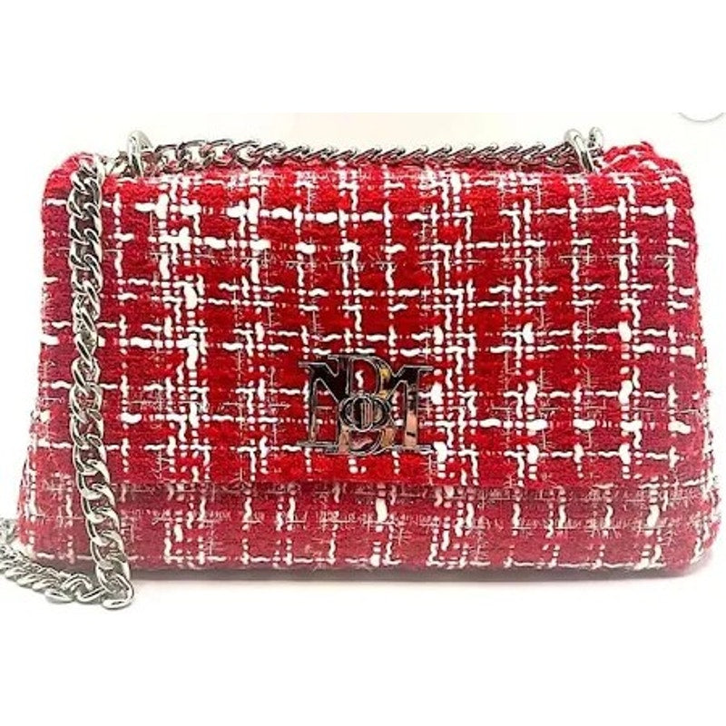 NWT Badgley Mischka Red Tweed Messenger Bag with Silver Cain