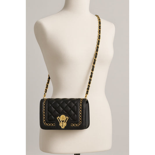 Valentino Orlandi Black with Gold Quilted Crossbody Purse - New w/ Tag