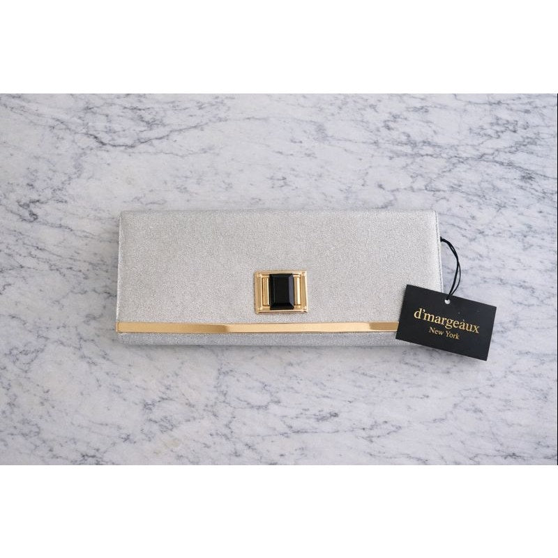 Classy Elegant Silver Glitter Clutch with Gold Accents by d’Margeaux New York
