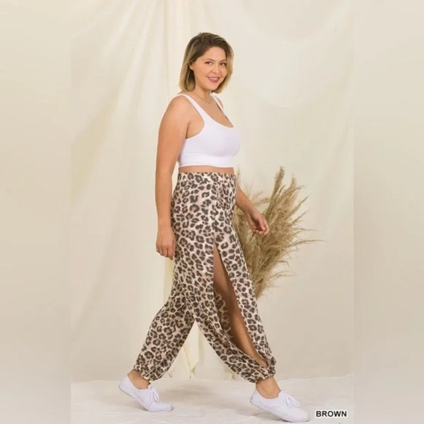 Zenana Outfitters Plus Leopard Split Side Pants Elastic Waist - Multiple Sizes